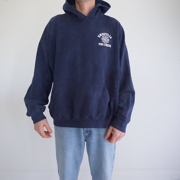 Vintage '90s Gildan Navy Uniopolis Fire & Rescue Cotton Hoodie Sweatshirt 2XL - Picture 2 of 11